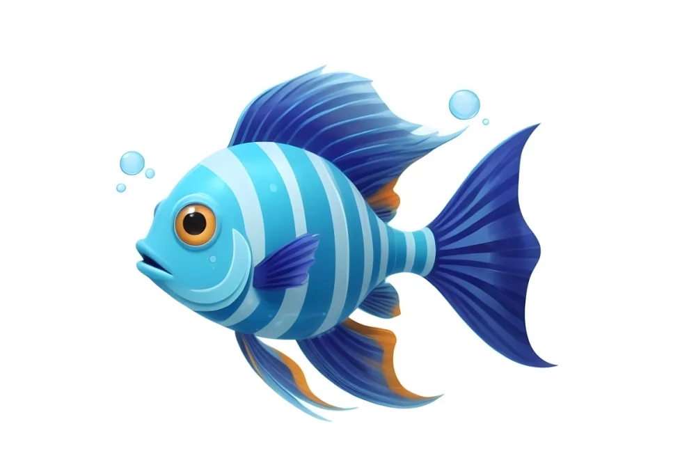 Digital Painting A Cartoon Style Fish With A Blue And Turquoise Body Featuring Stripes And A Large Eye The Fish Has Flowing Fins And A Tail With Small Bubbles Rising Around It The Background Is Plain White Bold A 85 6287
