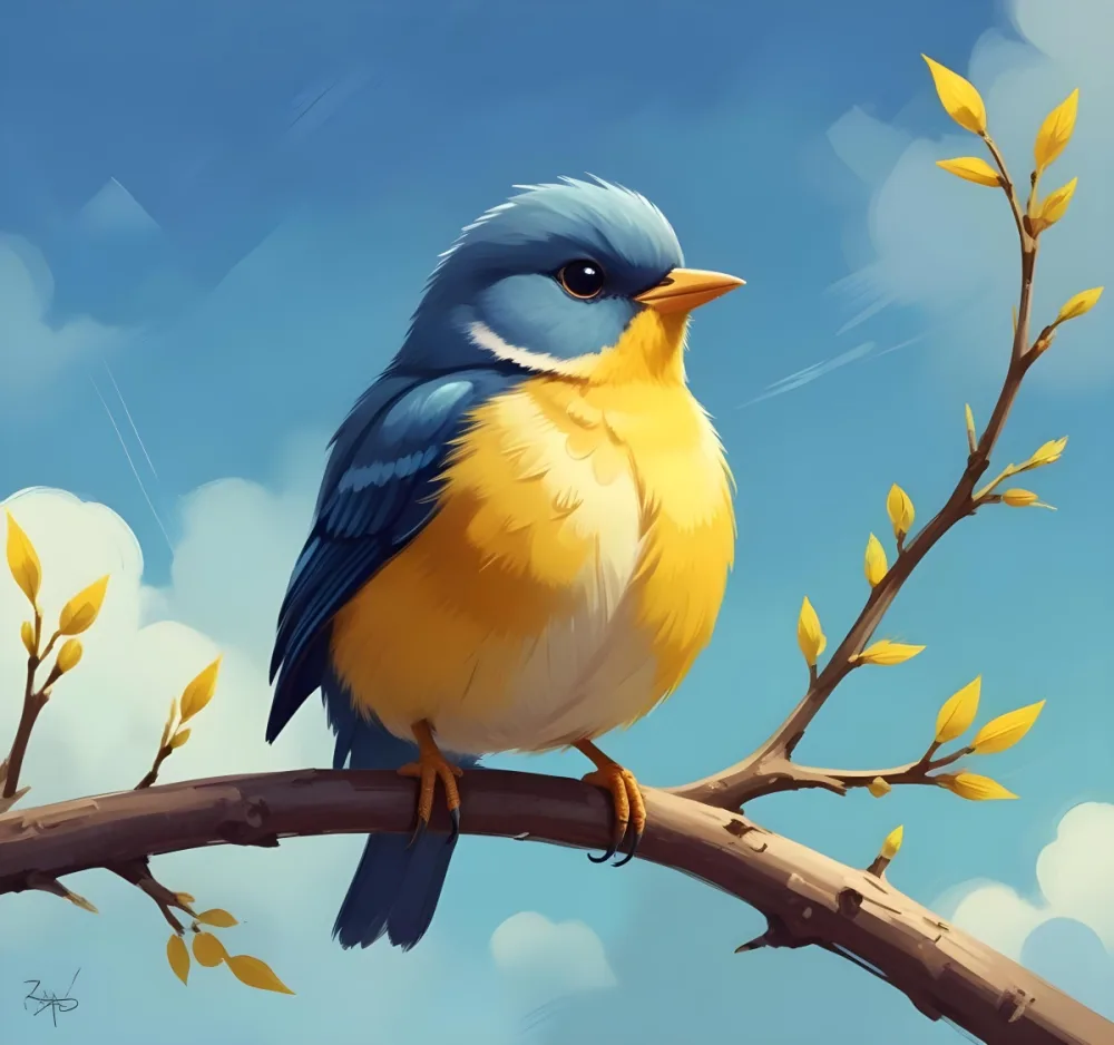 Digital Painting A Cute Bird With Yellow Belly On A Branch Sky Background Bold And Slim Lines Brush Strokes 65 3fbb