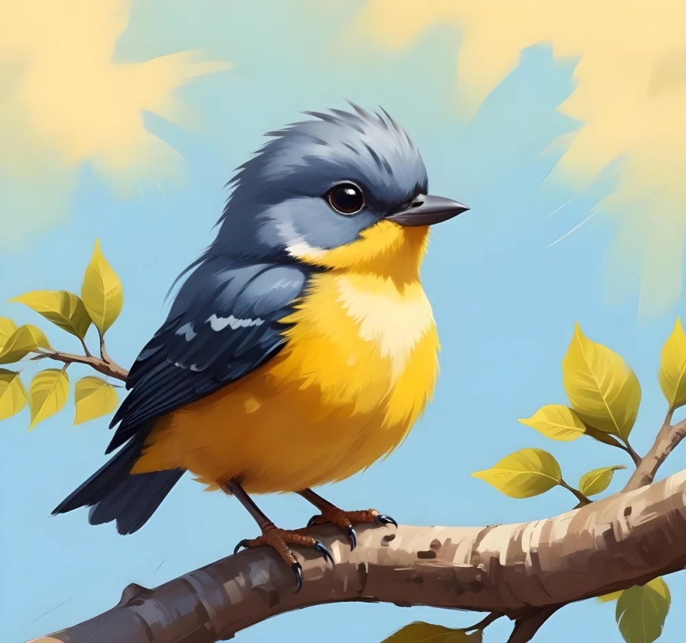 Digital Painting A Cute Bird With Yellow Belly On A Branch Sky Background Bold And Slim Lines Brush Strokes 70 0575