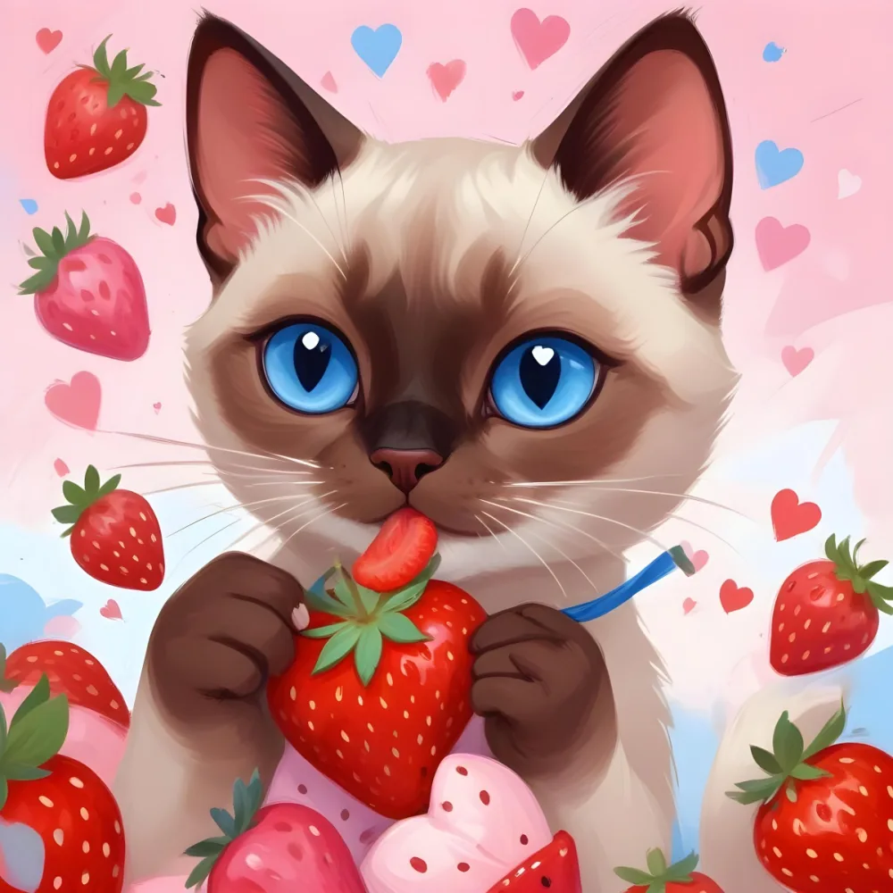 Digital Painting A Siamese Cat With Blue Eyes And A Blue Bow Eating A Strawberry Surrounded By Strawberries And Pink Hearts Blue Background Bold And Slim Lines Brush Strokes 40 4ff5