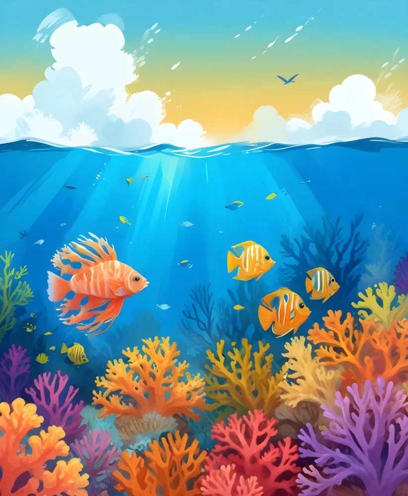 Digital Painting Fishes And Corals In The Ocean Bold And Slim Lines Brush Strokes 47 7196