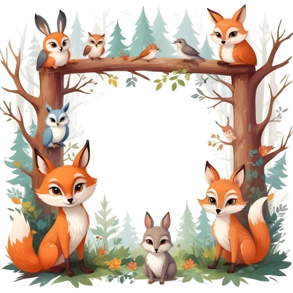 Digital Painting Two Owls Two Foxes Two Deers A Bird And A Rabbit In A Forest Forming A Frame Cartoonish Style Vibrant Colors Soft Shadows White Background Bold And Slim Lines Brush Strokes 7 8758