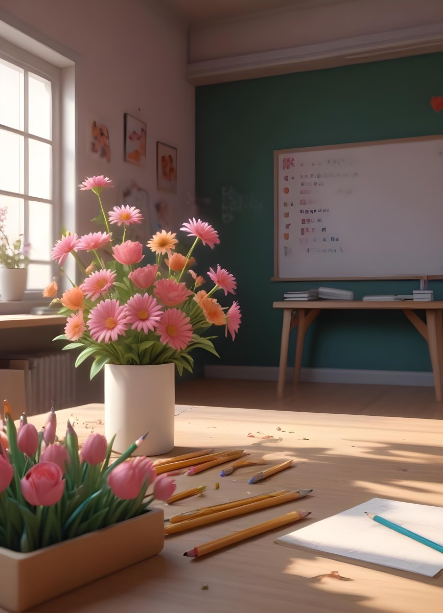 3d Model School Background With Flowers And Pencils Figure Octane Render Volumetric Highly Detailed Videogame Aesthetic 52 F46c