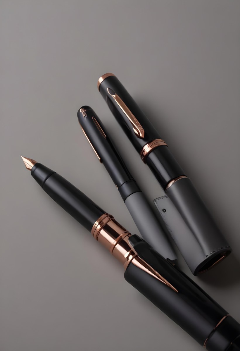 A Black And Rose Gold Fountain Pen And A Black Pen Case On A Gray Background 8