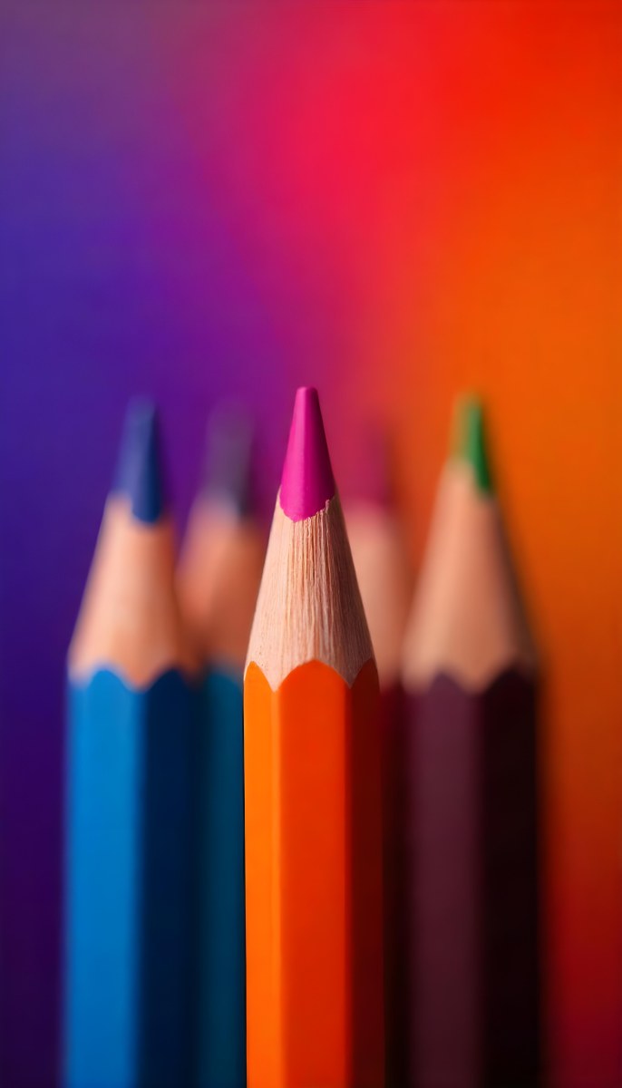 A Close Up Of Colored Pencils With A Purple Tip The Background Is A Gradient Of Purple Blue Orange Yellow And Red 21 F4ab