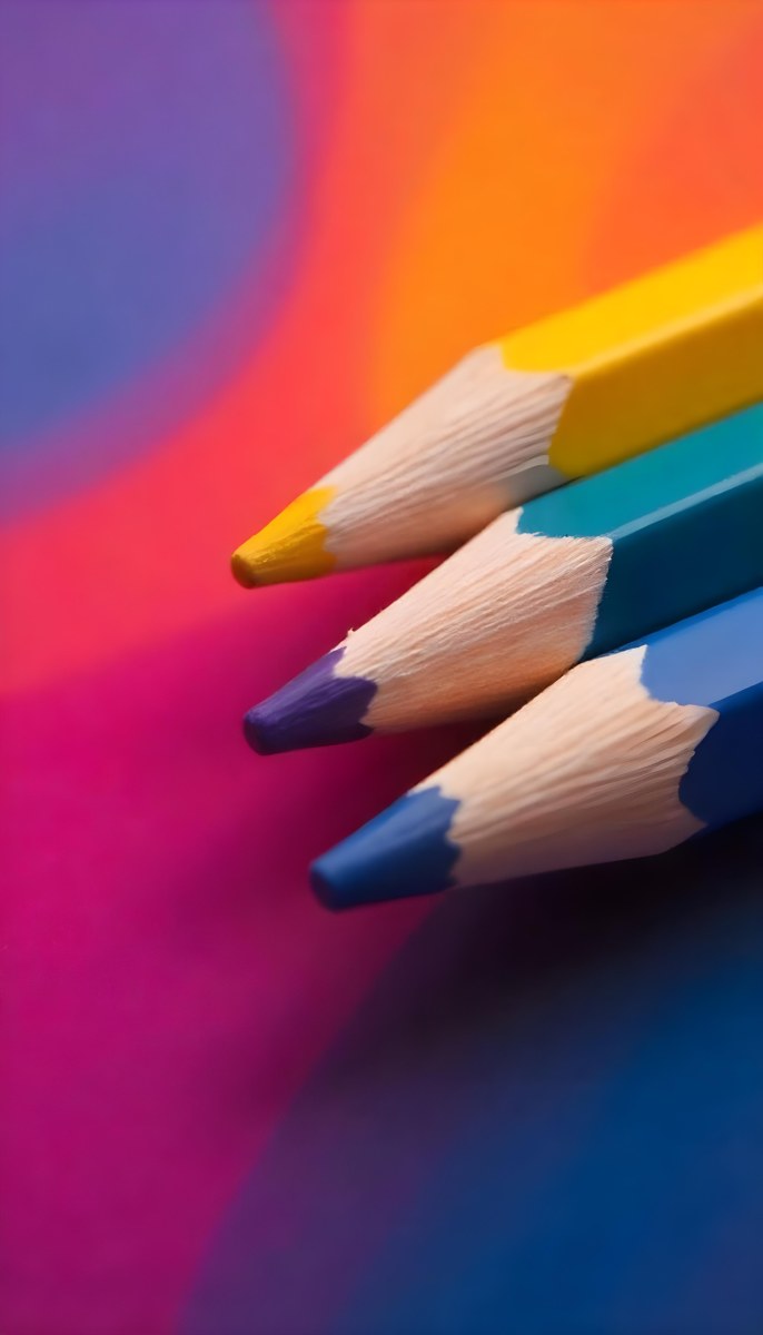 A Close Up Of Colored Pencils With A Purple Tip The Background Is A Gradient Of Purple Blue Orange Yellow And Red 33 F877