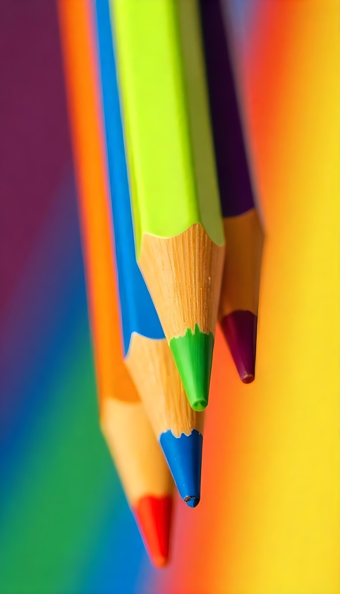 A Close Up Of Colored Pencils With A Purple Tip The Background Is A Gradient Of Purple Blue Orange Yellow And Red 53 B6cf