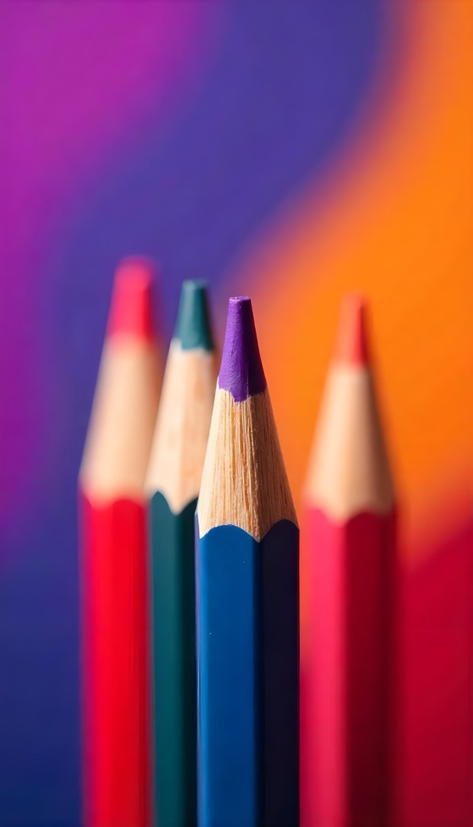 A Close Up Of Colored Pencils With A Purple Tip The Background Is A Gradient Of Purple Blue Orange Yellow And Red 56 Ac08