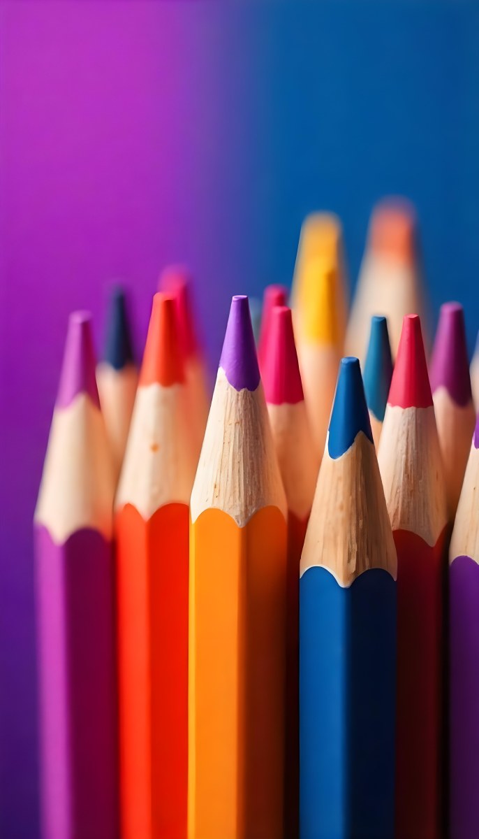 A Close Up Of Colored Pencils With A Purple Tip The Background Is A Gradient Of Purple Blue Orange Yellow And Red 57 Ae7b
