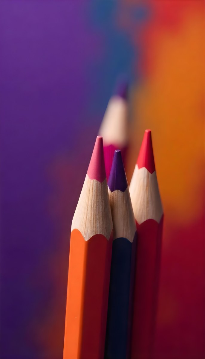 A Close Up Of Colored Pencils With A Purple Tip The Background Is A Gradient Of Purple Blue Orange Yellow And Red 58 558d