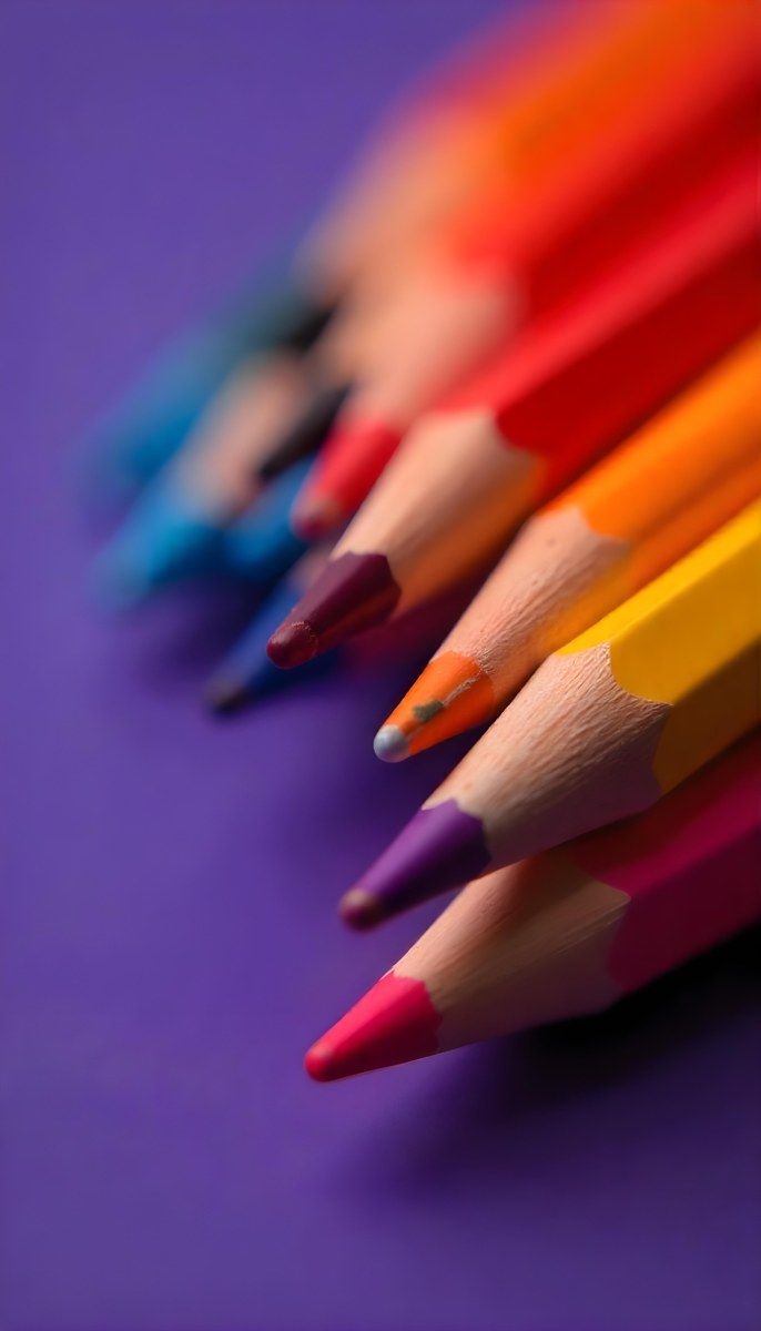 A Close Up Of Colored Pencils With A Purple Tip The Background Is A Gradient Of Purple Blue Orange Yellow And Red 60 F63e