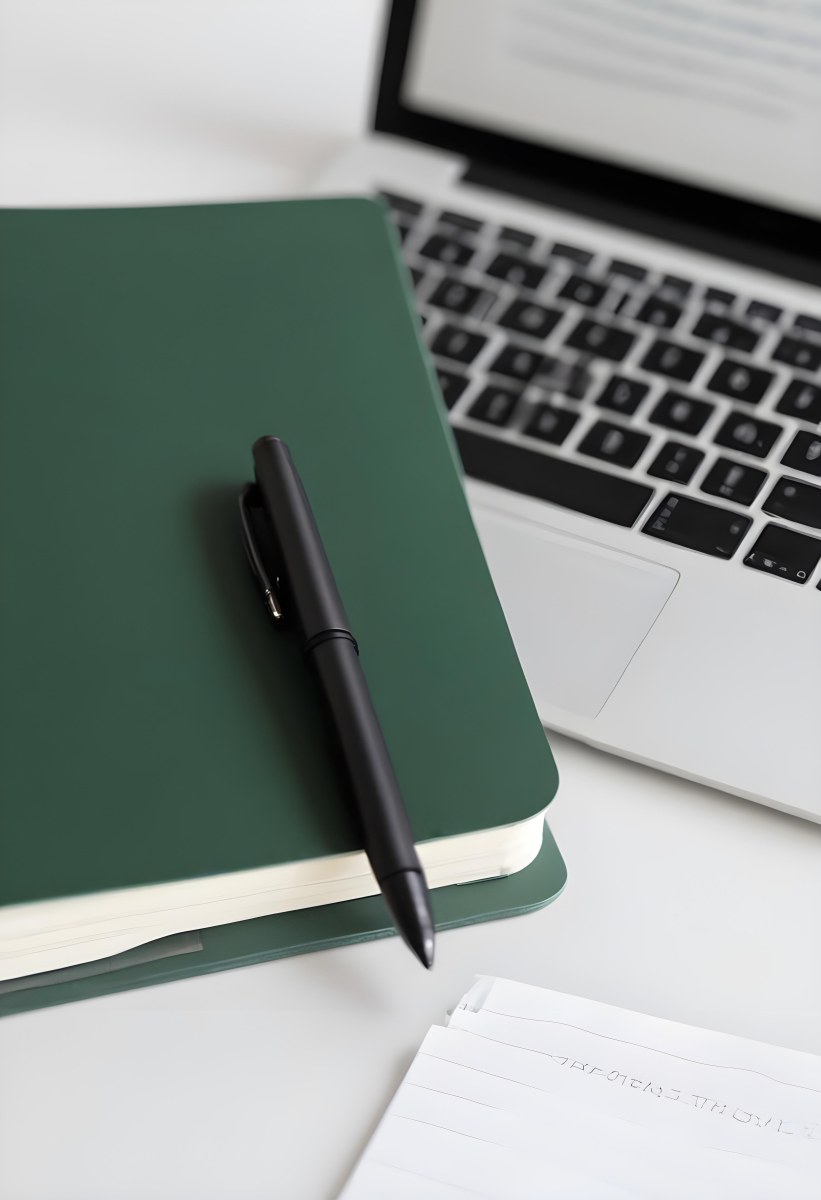 A Green Notebook With A Black Pen Next To A Laptop On A Desk In Daylight 1 A7fb