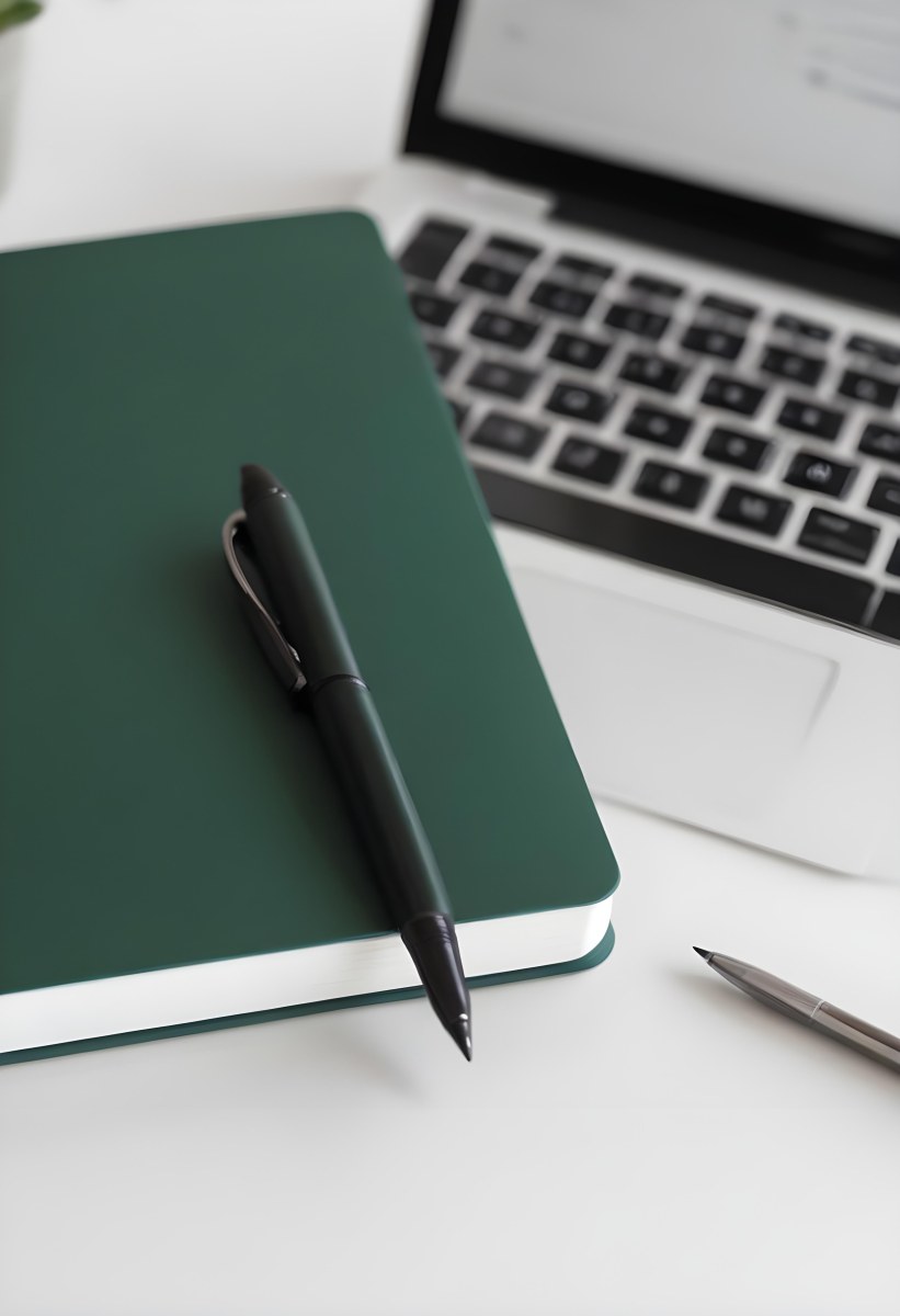 A Green Notebook With A Black Pen Next To A Laptop On A Desk In Daylight 2 8365