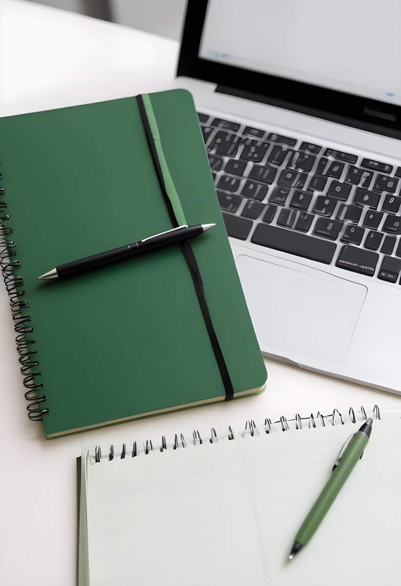 A Green Notebook With A Black Pen Next To A Laptop On A Desk In Daylight 3 52e7