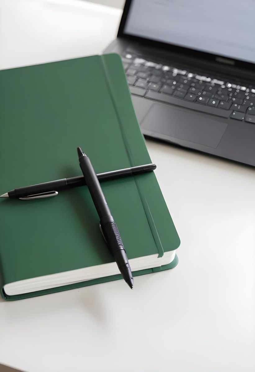 A Green Notebook With A Black Pen Next To A Laptop On A Desk In Daylight 5 Fbba
