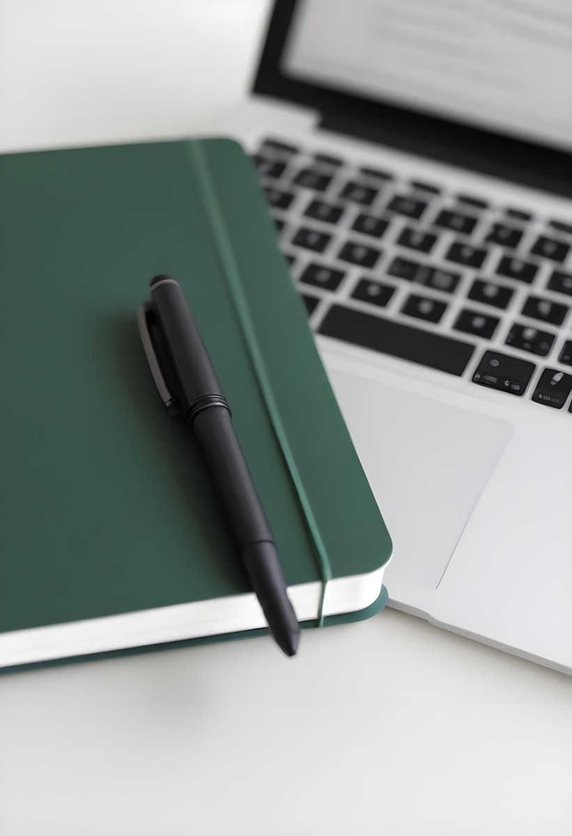 A Green Notebook With A Black Pen Next To A Laptop On A Desk In Daylight 6 D204