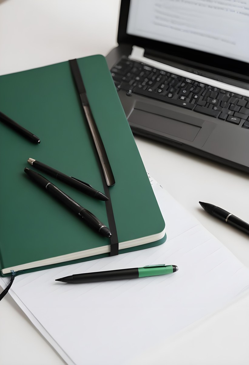 A Green Notebook With A Black Pen Next To A Laptop On A Desk In Daylight 7 5dd7