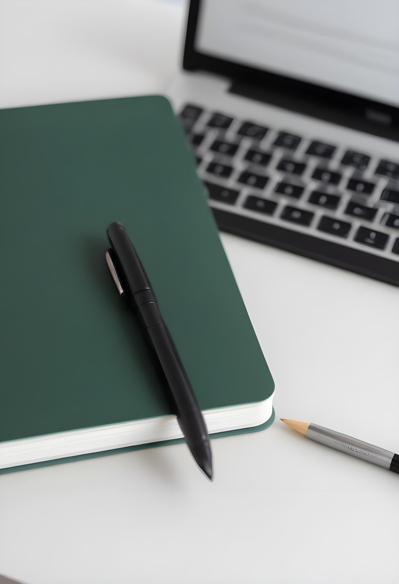 A Green Notebook With A Black Pen Next To A Laptop On A Desk In Daylight 8 D0ac