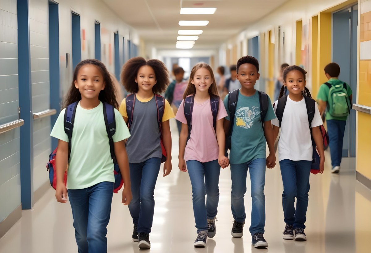 A Group Of Elementary School Students Walking Down A School Hallway Carrying Backpacks The Students Appear To Be A Mix Of Races With Both Boys And Girls And Are Wearing Casual Clothing Like Jeans And T Shirts 9 296c