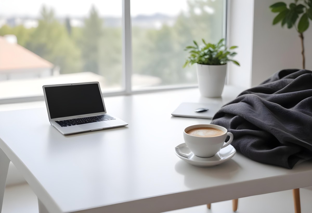 A Laptop And A Cup Of Coffee On A White Table In A Bright Environment With A Blurred Background 12 9713