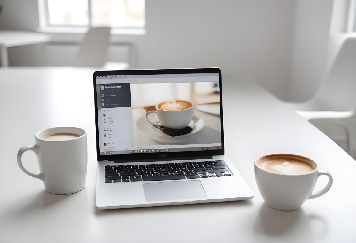 A Laptop And A Cup Of Coffee On A White Table In A Bright Environment With A Blurred Background 14 0eff
