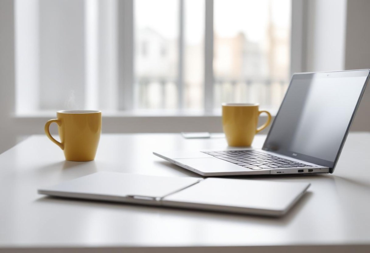 A Laptop And A Cup Of Coffee On A White Table In A Bright Environment With A Blurred Background 21 65d0
