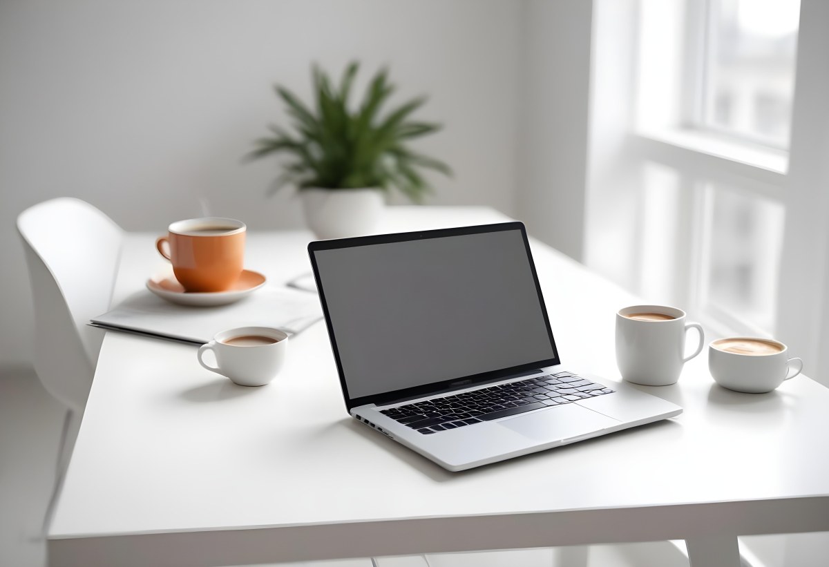 A Laptop And A Cup Of Coffee On A White Table In A Bright Environment With A Blurred Background 23 54d6