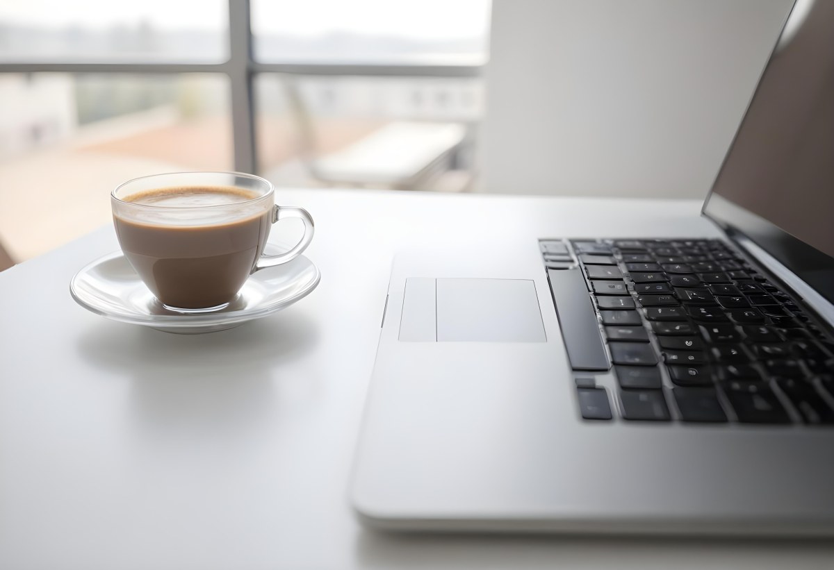 A Laptop And A Cup Of Coffee On A White Table In A Bright Environment With A Blurred Background 3 6785