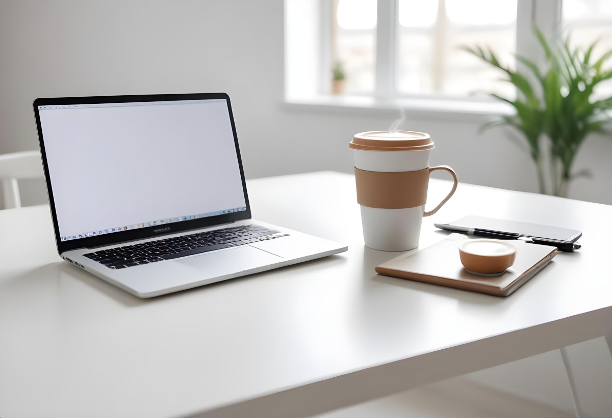 A Laptop And A Cup Of Coffee On A White Table In A Bright Environment With A Blurred Background 33 Debe