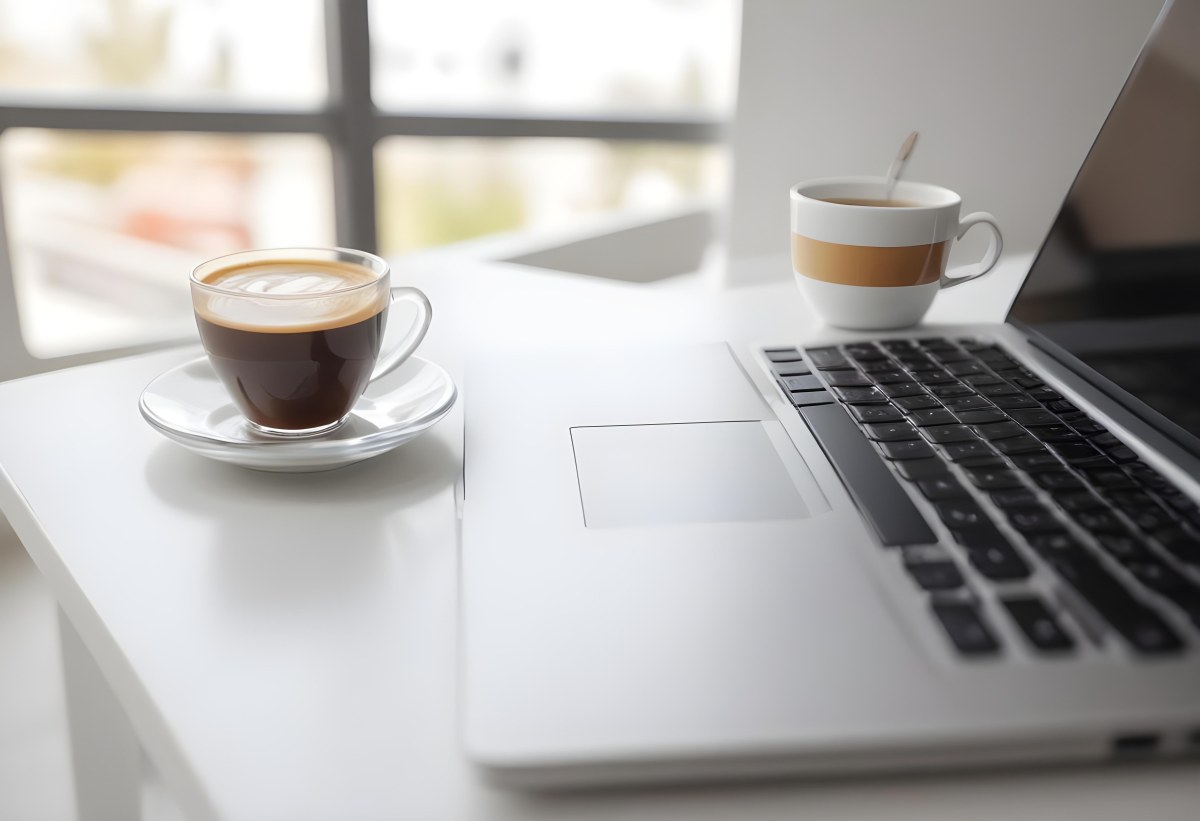 A Laptop And A Cup Of Coffee On A White Table In A Bright Environment With A Blurred Background 34 3c37