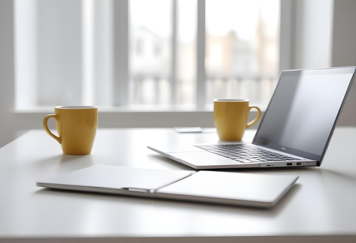 A Laptop And A Cup Of Coffee On A White Table In A Bright Environment With A Blurred Background 4 Cb04