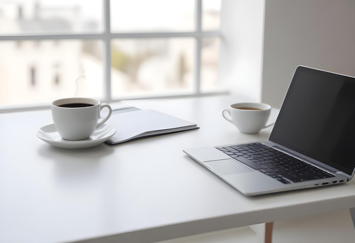 A Laptop And A Cup Of Coffee On A White Table In A Bright Environment With A Blurred Background 6 B4eb