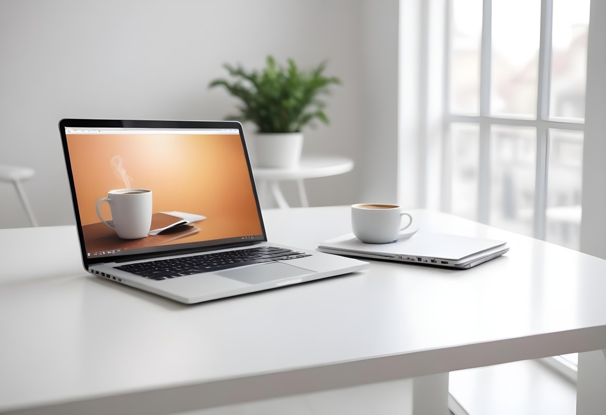 A Laptop And A Cup Of Coffee On A White Table In A Bright Environment With A Blurred Background 8 C923