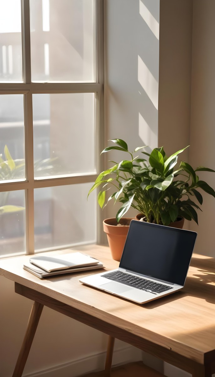 A Laptop On A Wooden Desk With A Potted Plant And Natural Light From A Window Casting Shadows On The Desk 12 6e44