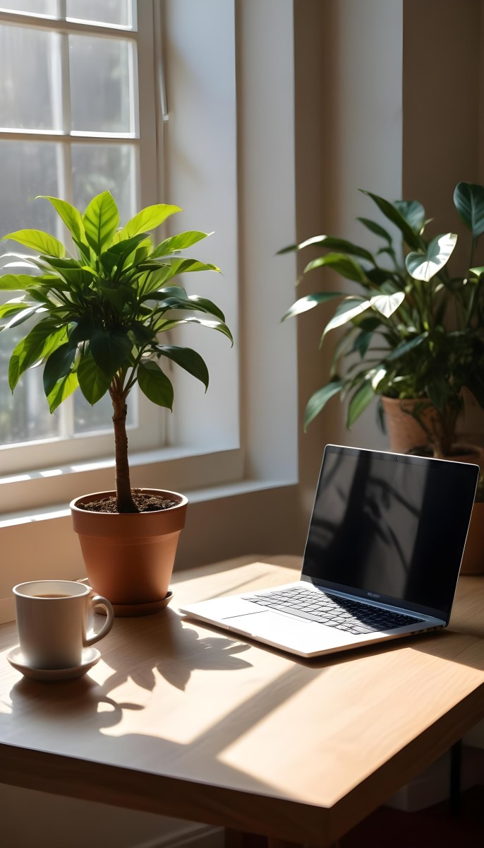 A Laptop On A Wooden Desk With A Potted Plant And Natural Light From A Window Casting Shadows On The Desk 13 94f9