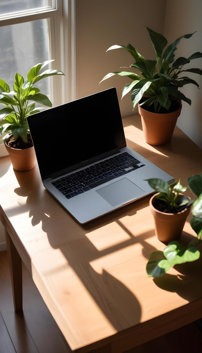 A Laptop On A Wooden Desk With A Potted Plant And Natural Light From A Window Casting Shadows On The Desk 14 111c