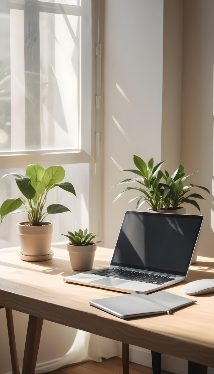 A Laptop On A Wooden Desk With A Potted Plant And Natural Light From A Window Casting Shadows On The Desk 15 4ddf