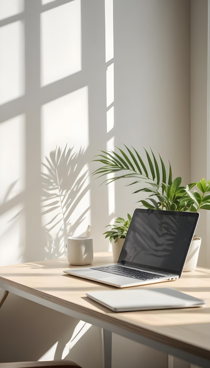 A Laptop On A Wooden Desk With A Potted Plant And Natural Light From A Window Casting Shadows On The Desk 16 951a