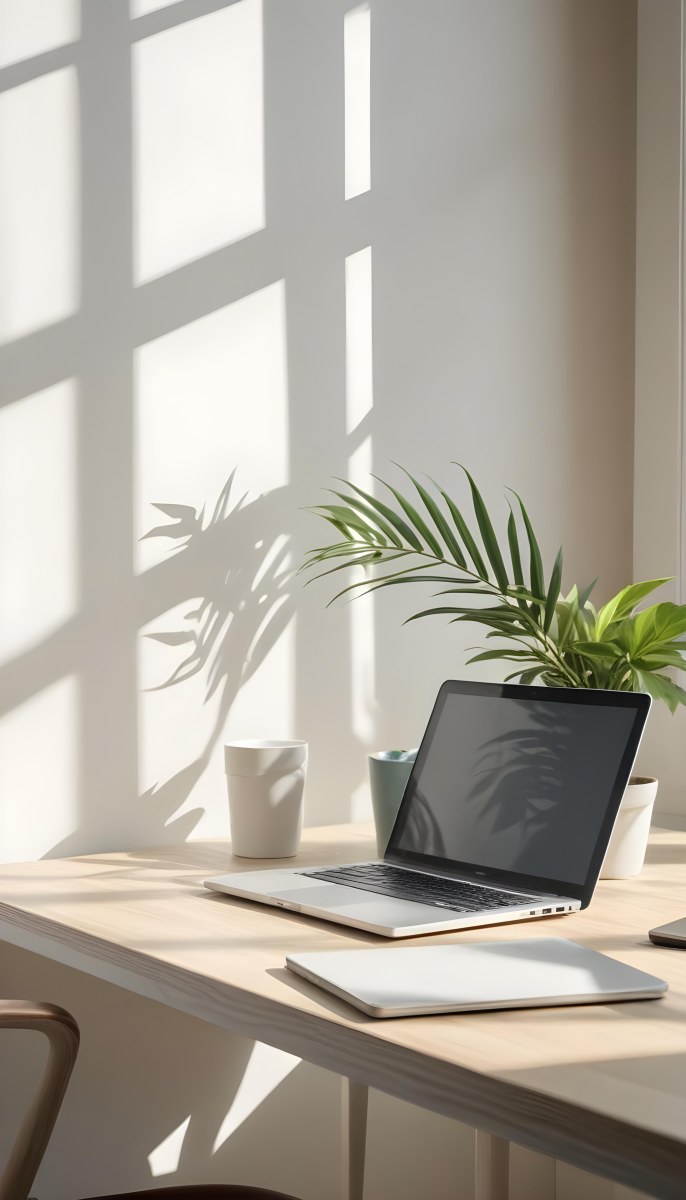A Laptop On A Wooden Desk With A Potted Plant And Natural Light From A Window Casting Shadows On The Desk 17 Bd73