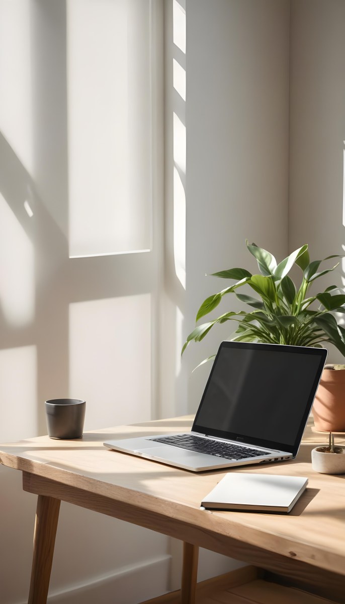 A Laptop On A Wooden Desk With A Potted Plant And Natural Light From A Window Casting Shadows On The Desk 18 741c