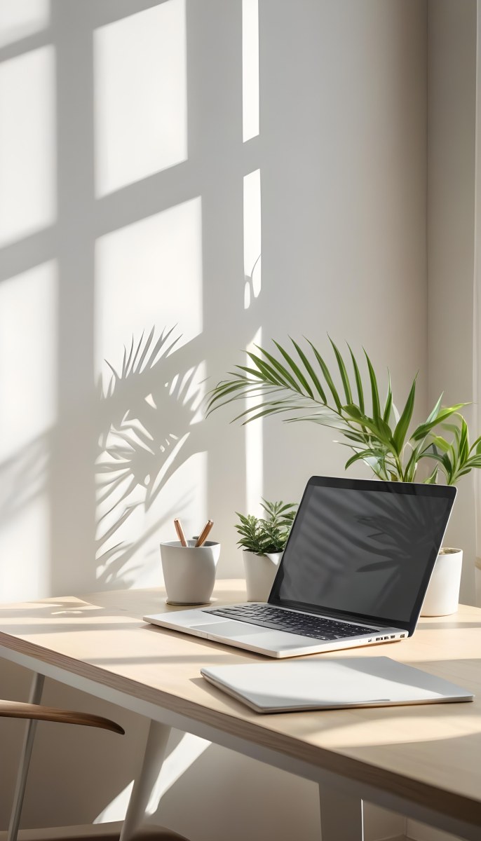 A Laptop On A Wooden Desk With A Potted Plant And Natural Light From A Window Casting Shadows On The Desk 19 93e2
