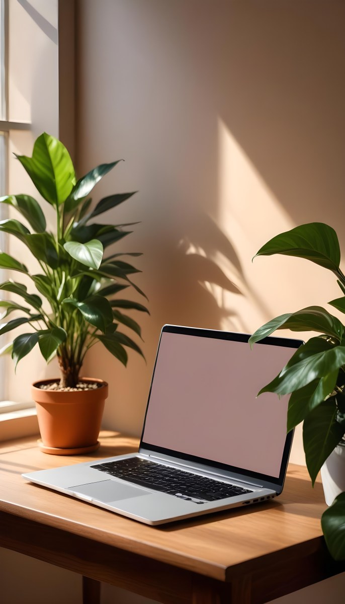 A Laptop On A Wooden Desk With A Potted Plant And Natural Light From A Window Casting Shadows On The Desk 2 5ffe