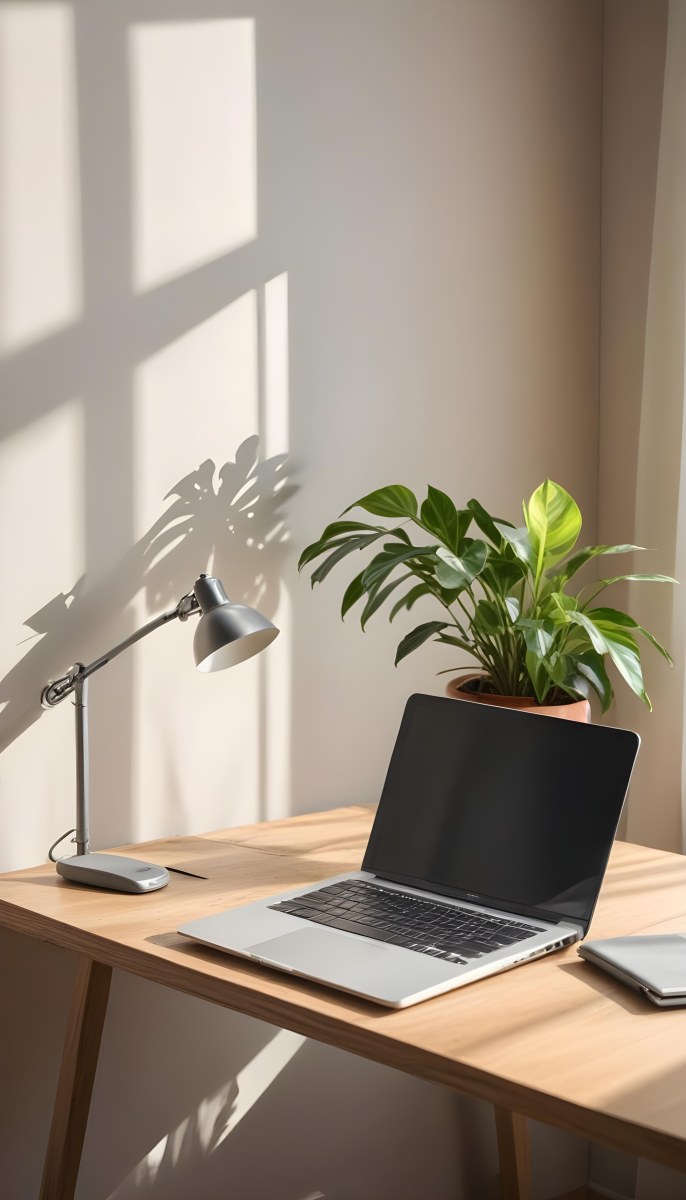 A Laptop On A Wooden Desk With A Potted Plant And Natural Light From A Window Casting Shadows On The Desk 3 2a9b