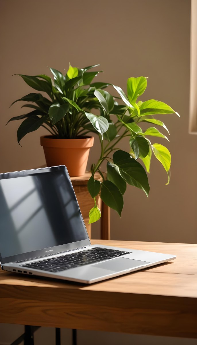 A Laptop On A Wooden Desk With A Potted Plant And Natural Light From A Window Casting Shadows On The Desk 4 5304