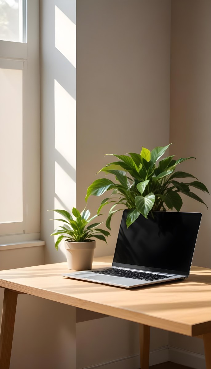 A Laptop On A Wooden Desk With A Potted Plant And Natural Light From A Window Casting Shadows On The Desk 6 3a64