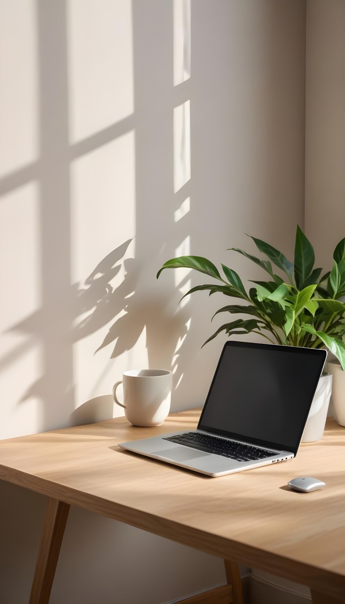A Laptop On A Wooden Desk With A Potted Plant And Natural Light From A Window Casting Shadows On The Desk 7 5777