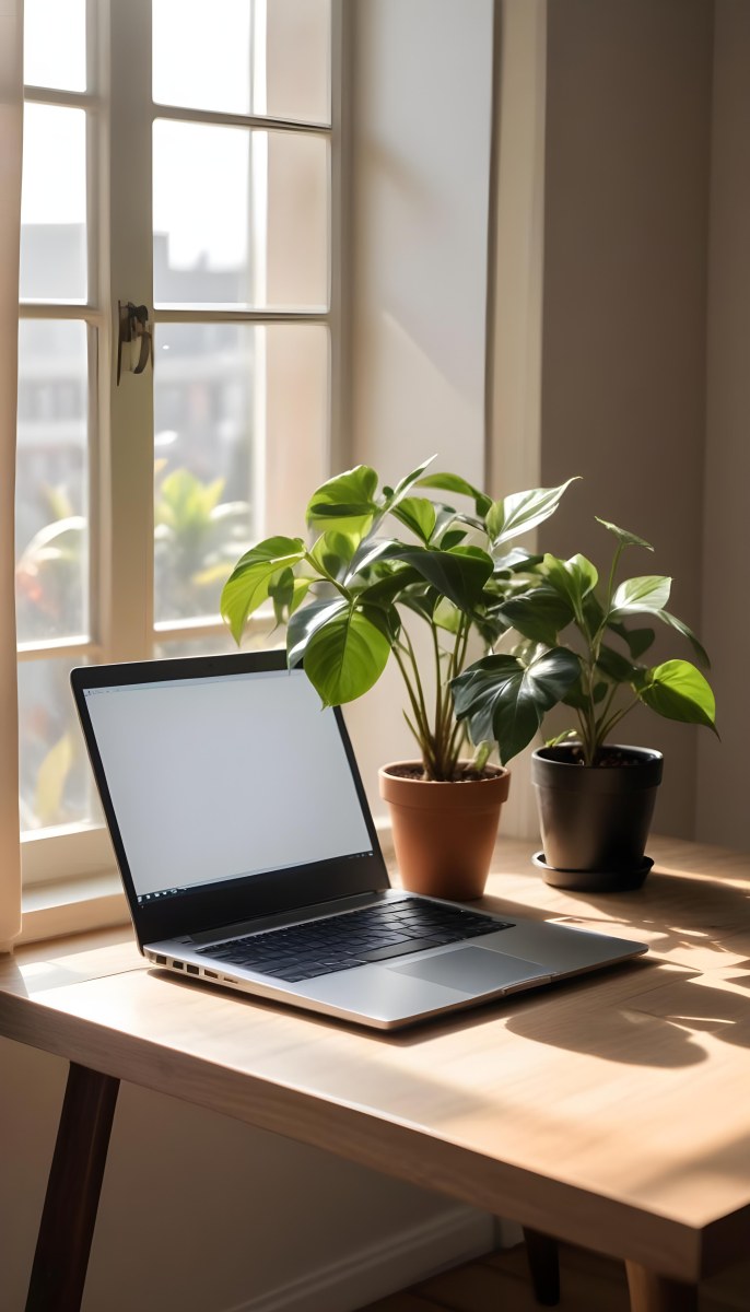 A Laptop On A Wooden Desk With A Potted Plant And Natural Light From A Window Casting Shadows On The Desk 8 2c2e
