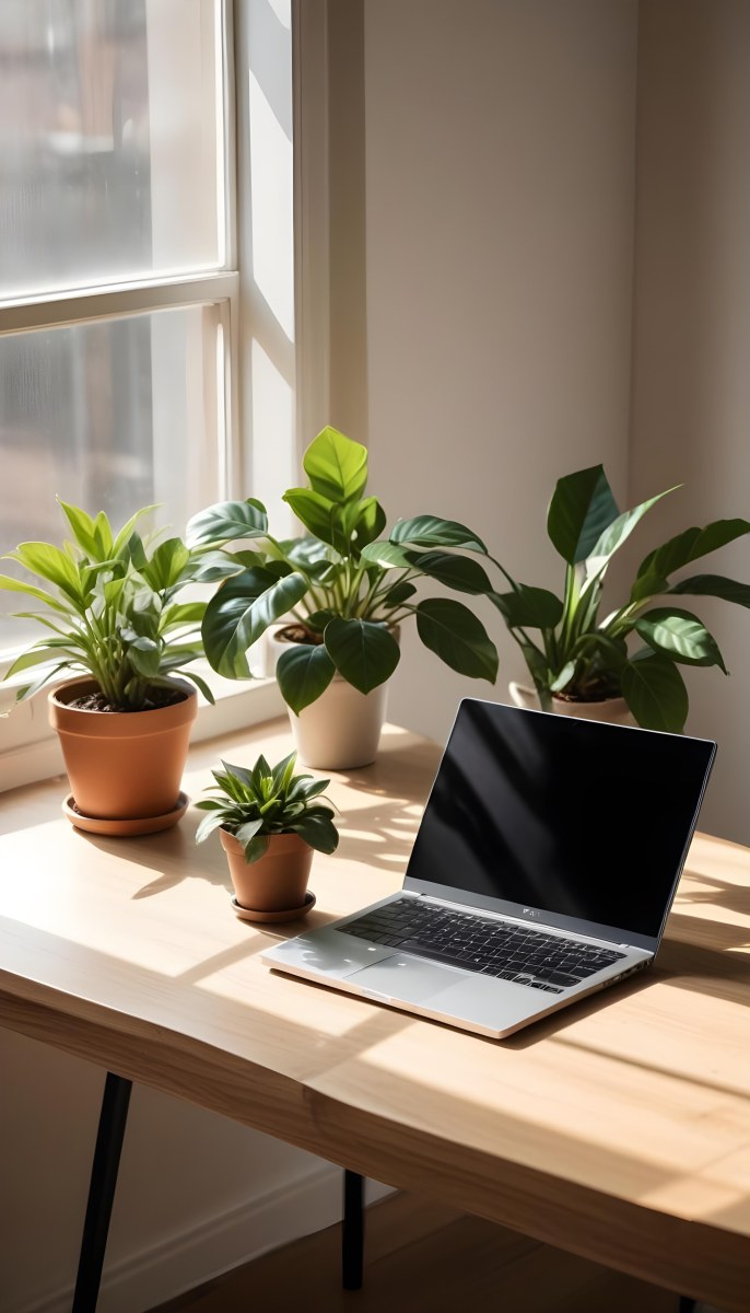 A Laptop On A Wooden Desk With A Potted Plant And Natural Light From A Window Casting Shadows On The Desk 9 02bb