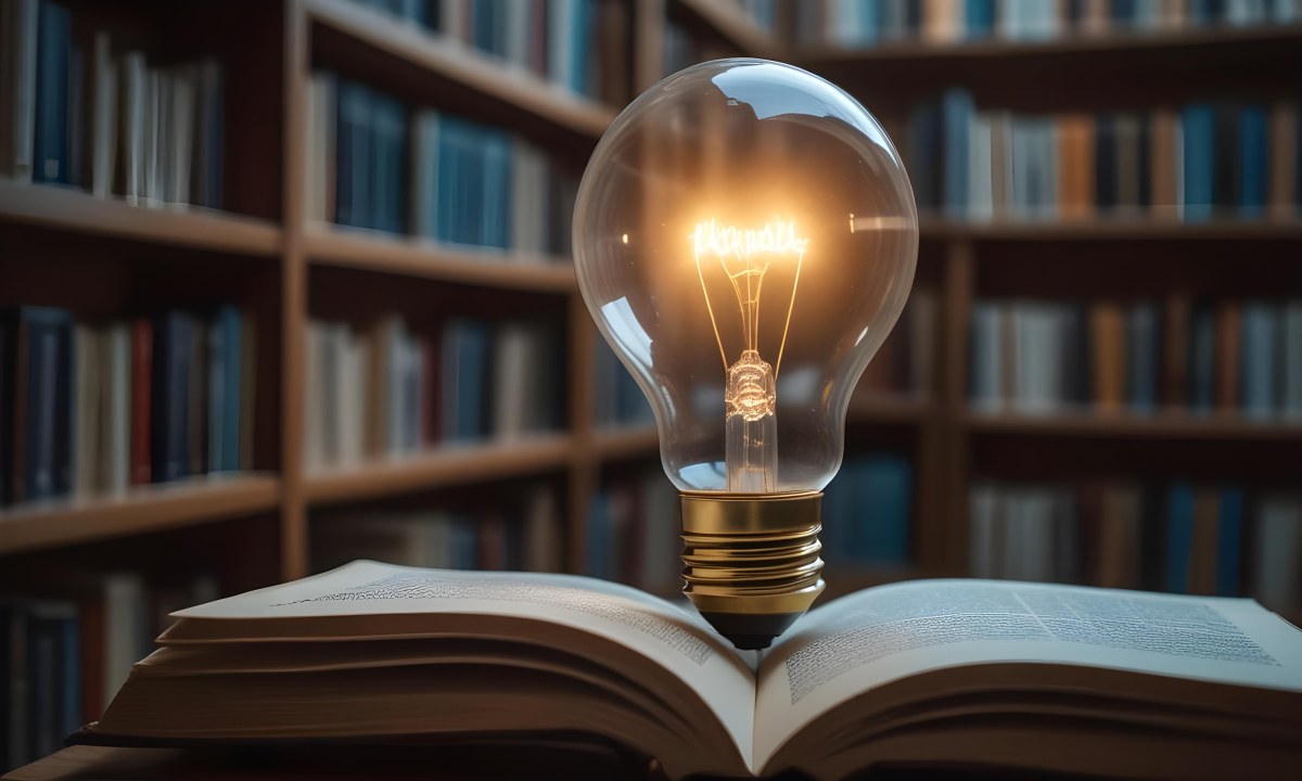 A Light Bulb On Top Of An Open Book Library In The Background With Many Books On The Shelves Warm Light Knowledge Concept 11 Cf6a