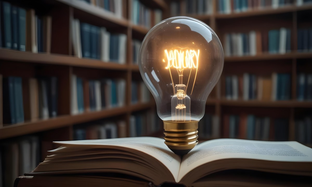 A Light Bulb On Top Of An Open Book Library In The Background With Many Books On The Shelves Warm Light Knowledge Concept 27 Bafe